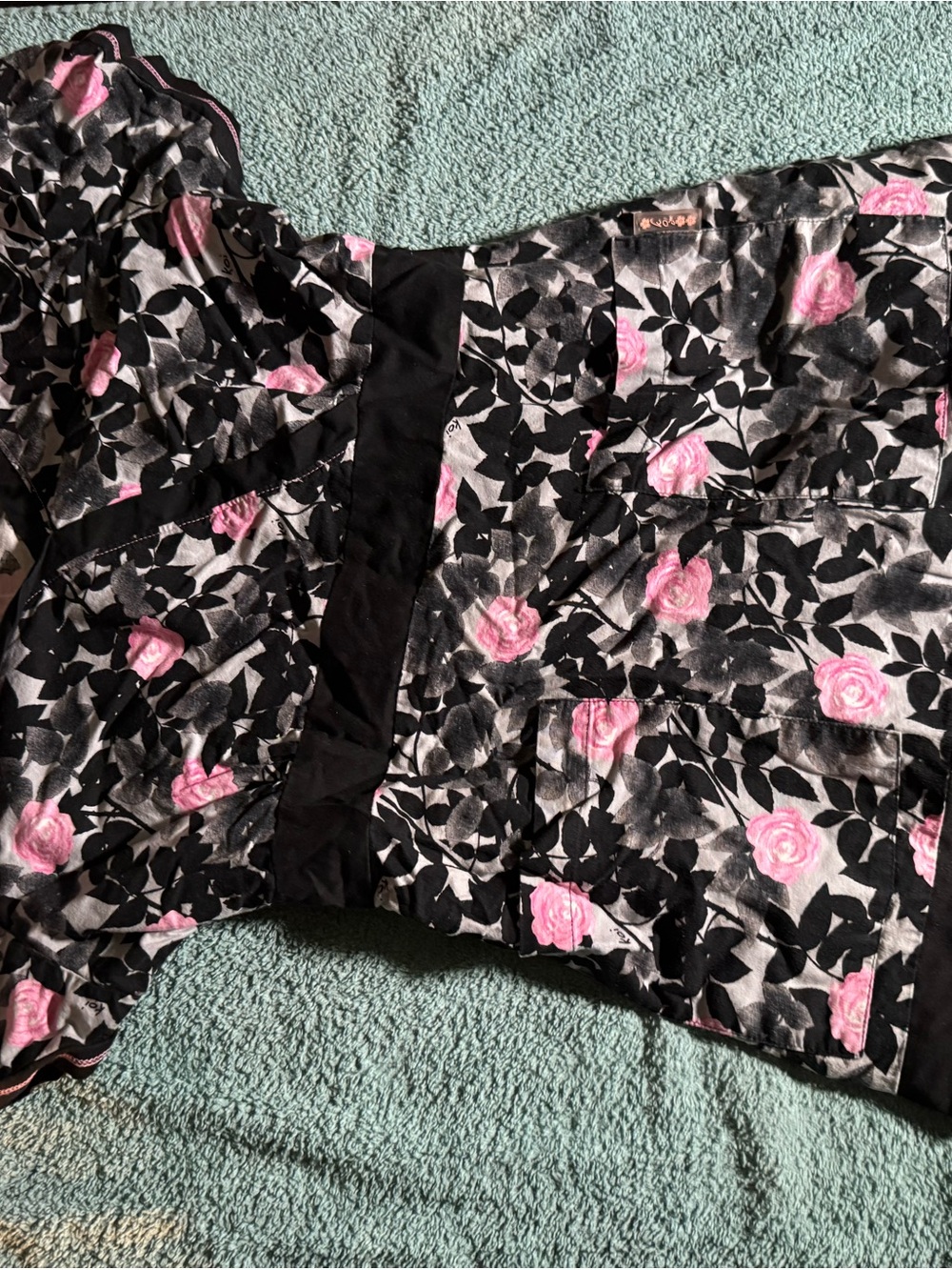 koi Black Floral Blouse with Pink Roses